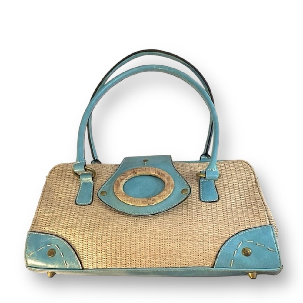 VINTAGE 70s Faux Straw and Aqua Satchel - Picture 6 of 14
